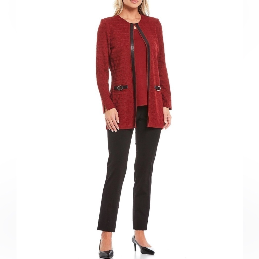 Misook Rapture Knit Jacket Oversized Red Textured Black Vegan Leather Trim Small